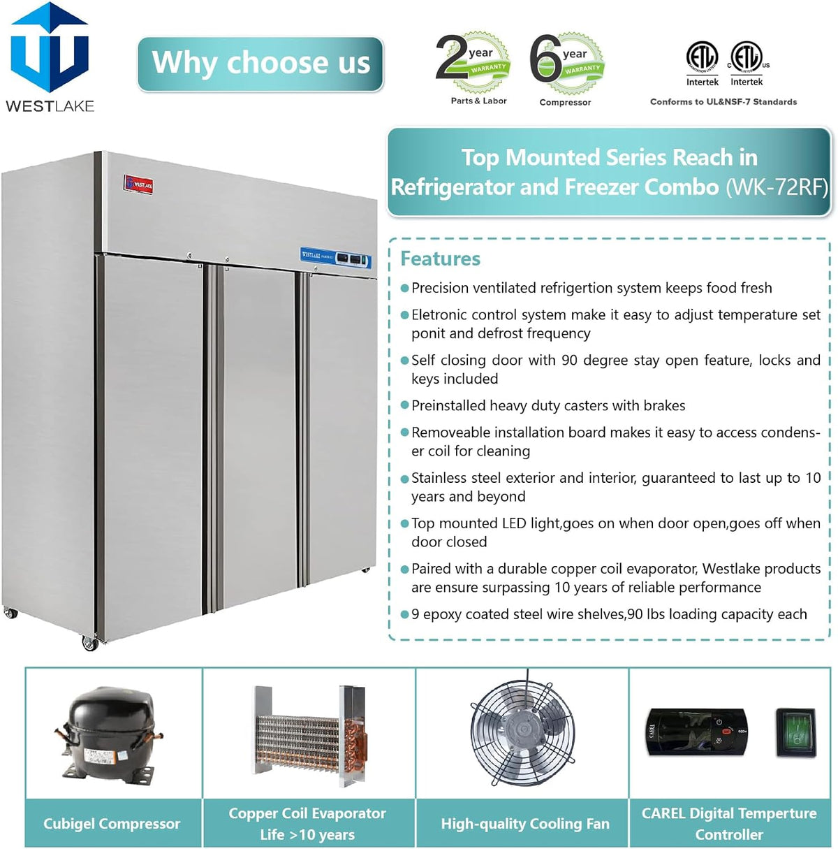 WESTLAKE WK-72RF Refrigerator Freezer Combo 72" 54 Cu.ft Stainless Steel