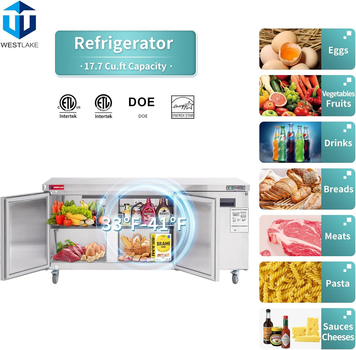 WESTLAKE WKTR-72B Undercounter Refrigerator 72" 3-Door 17.7 Cu.ft Stainless Steel