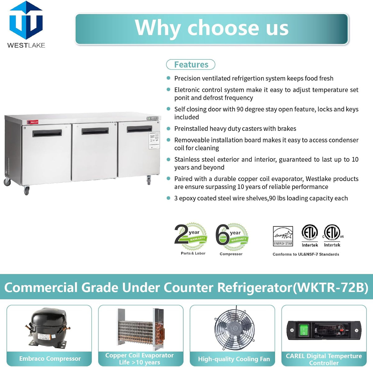 WESTLAKE WKTR-72B Undercounter Refrigerator 72" 3-Door 17.7 Cu.ft Stainless Steel