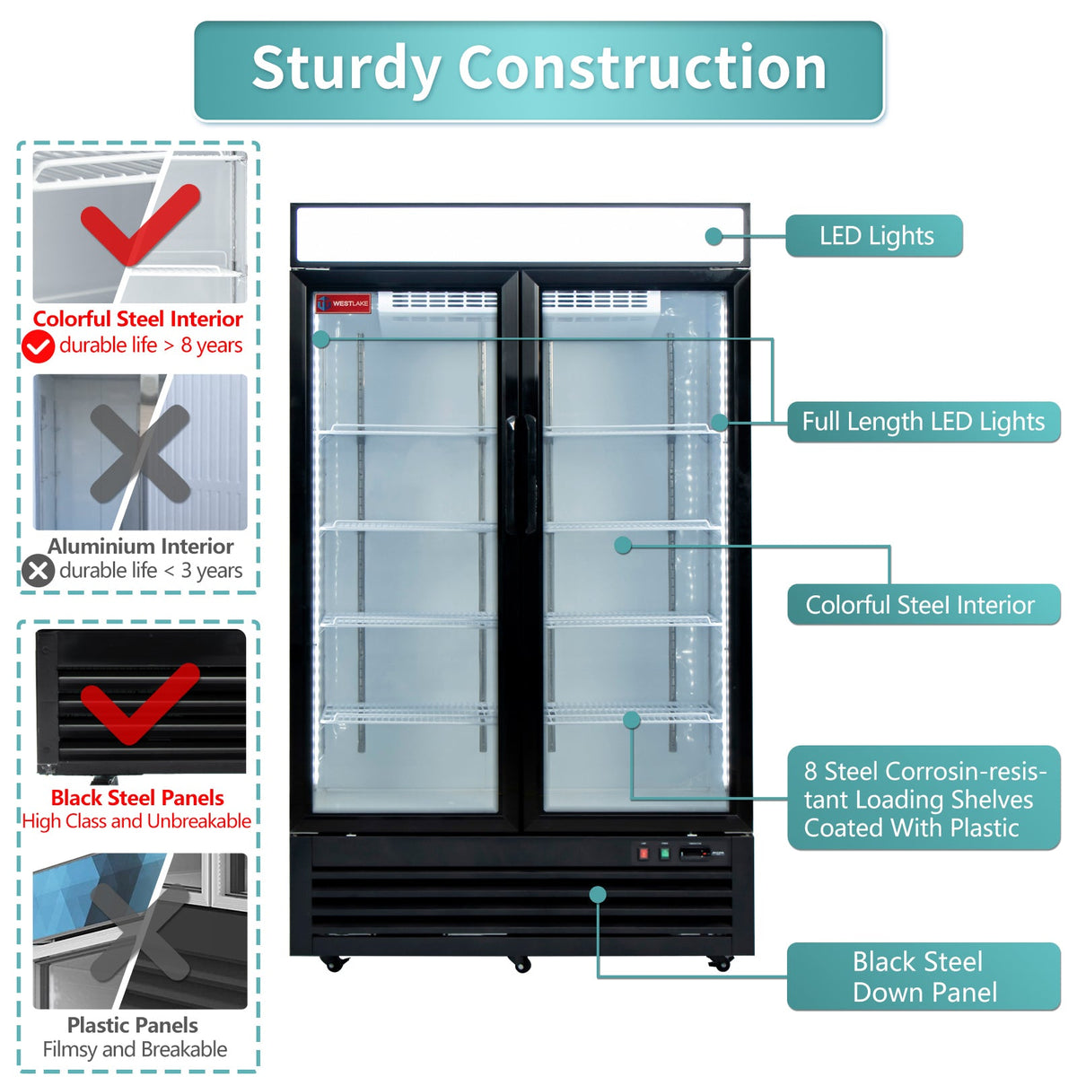 WESTLAKE WKR-48GB Reach-In Refrigerator Merchandiser 48" 2-Glass Door 36 Cu.ft Stainless Steel
