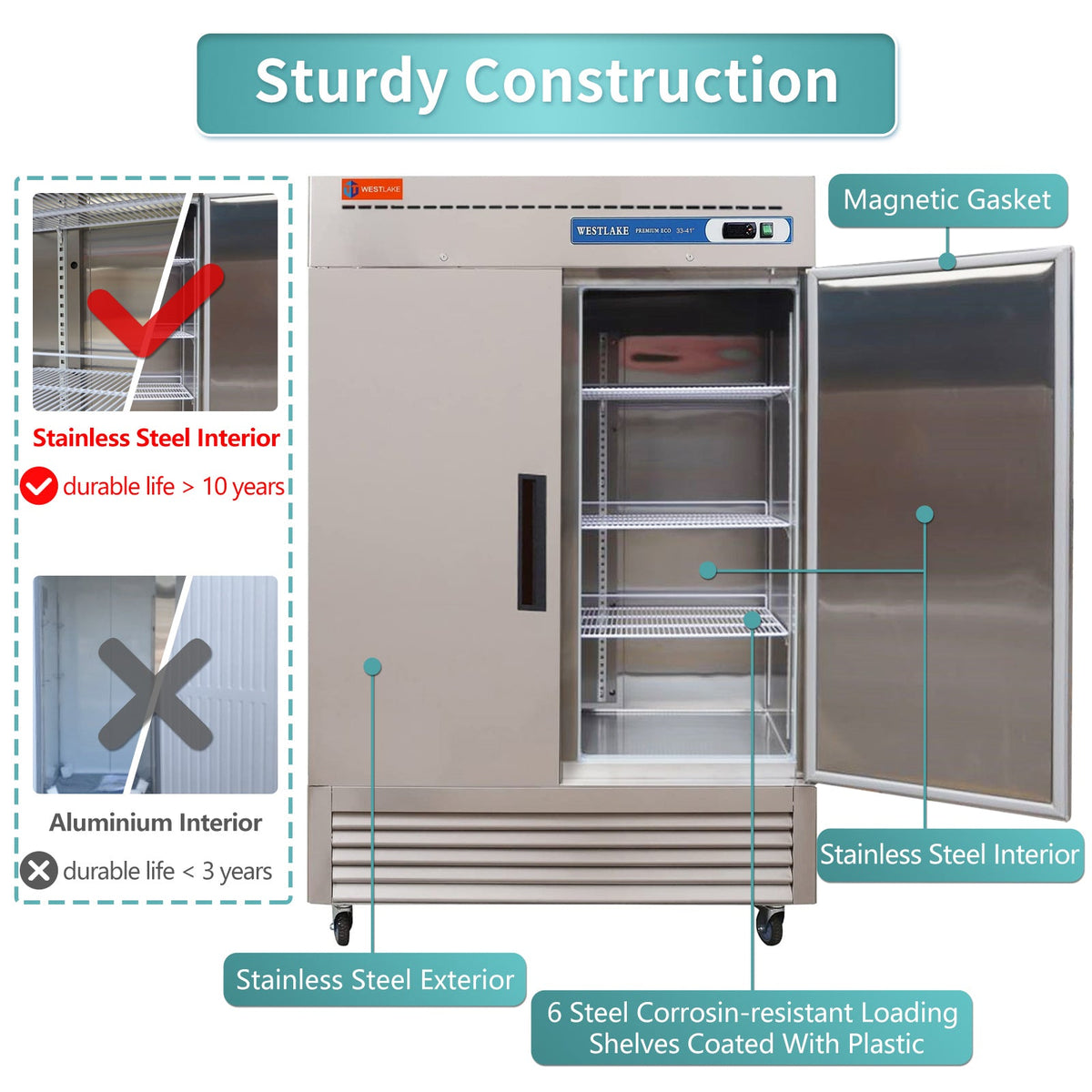 WESTLAKE WKF-49B Reach-In Freezer 54" 2-Door 49 Cu.ft Stainless Steel
