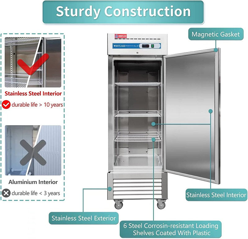WESTLAKE WKR-23B Reach-In Refrigerator 27" 1-Door 23 Cu.ft Stainless Steel