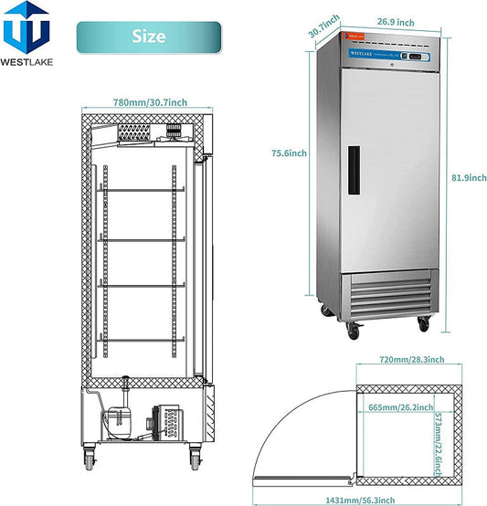 WESTLAKE WKR-23B Reach-In Refrigerator 27" 1-Door 23 Cu.ft Stainless Steel