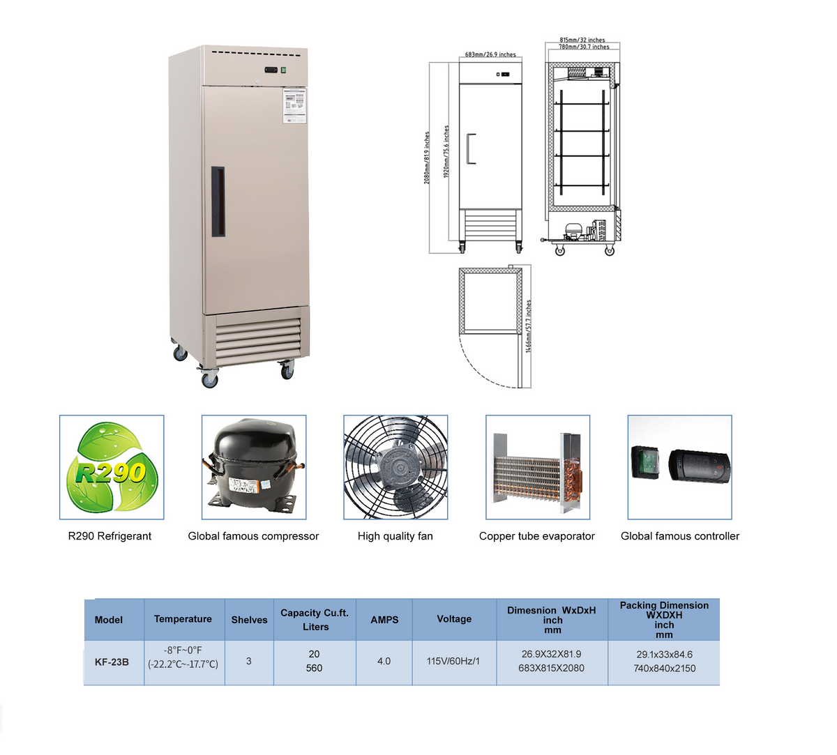 WESTLAKE WKF-23B Reach-In Freezer 27" 1-Door 23 Cu.ft Stainless Steel