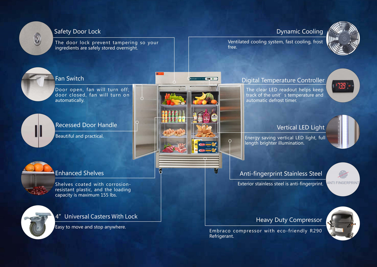 WESTLAKE WKR-49B Reach-In Refrigerator 54" 2-Door 49 Cu.ft Stainless Steel