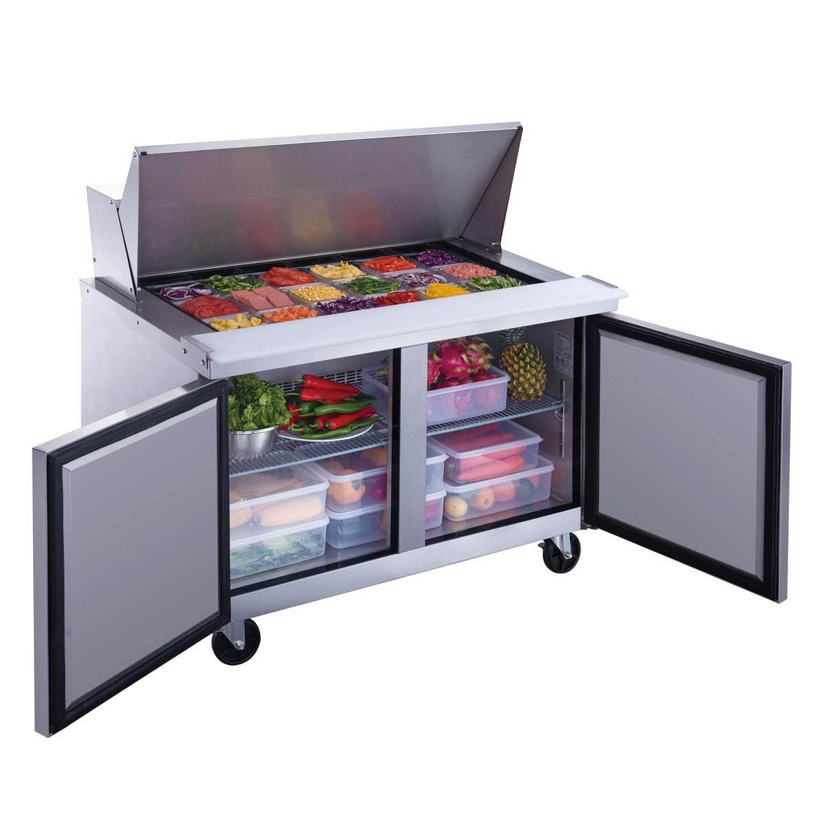 DUKERS DSP48-18M-S2 Double Door Salad Prep Station Refrigerator, Mega Top