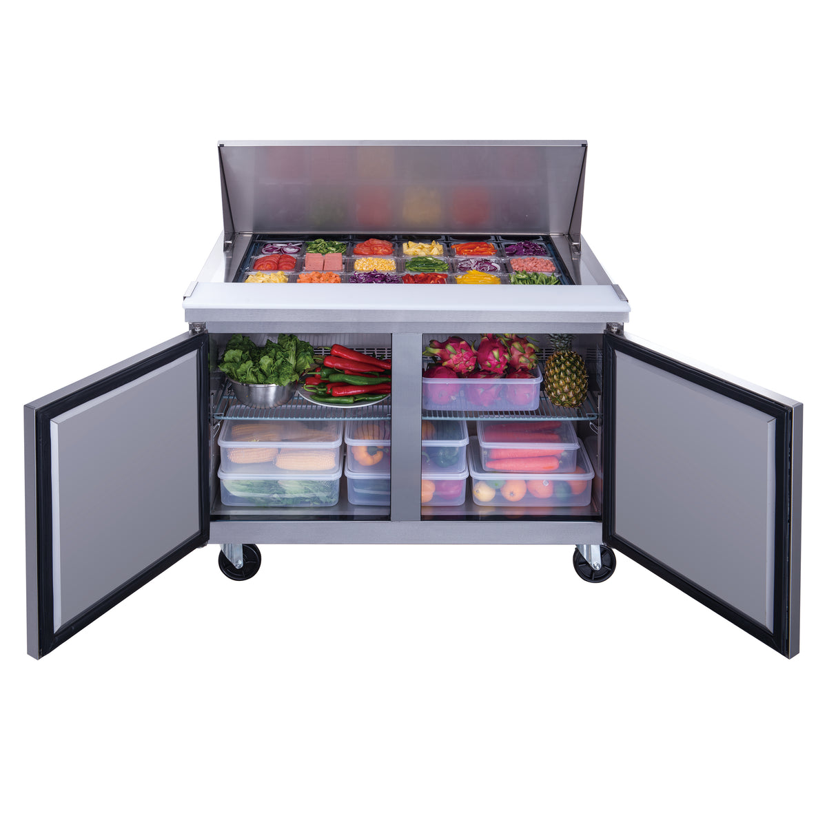 DUKERS DSP48-18M-S2 Double Door Salad Prep Station Refrigerator, Mega Top