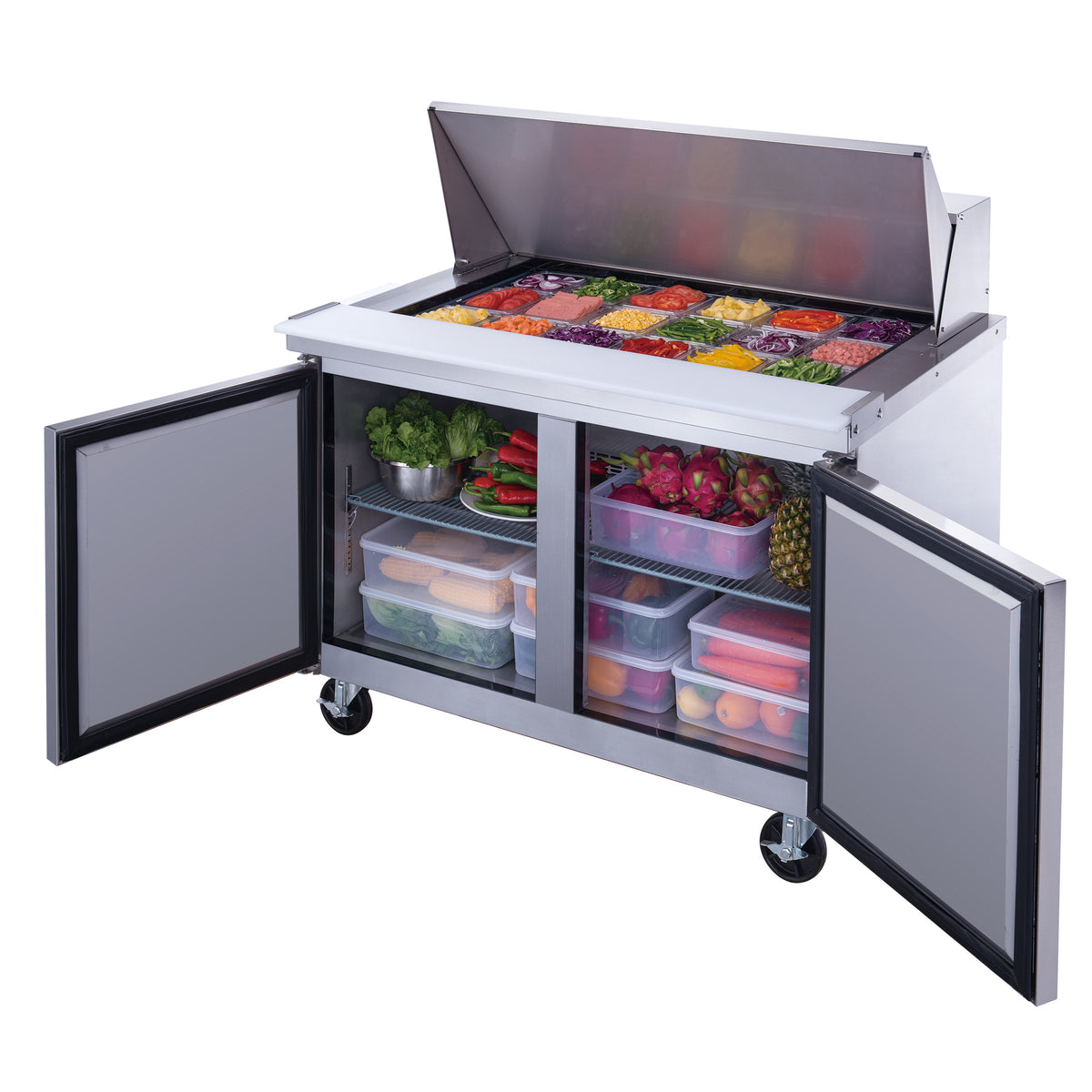 DUKERS DSP48-18M-S2 Double Door Salad Prep Station Refrigerator, Mega Top