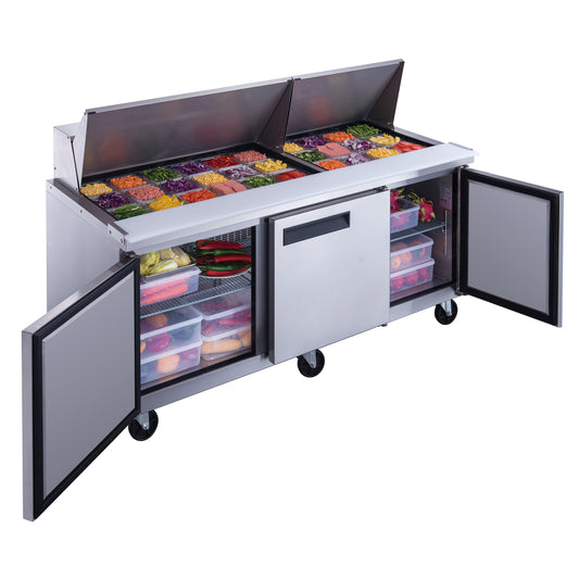 DUKERS DSP72-30M-S3 Three Door Salad Prep Station Refrigerator, Mega Top