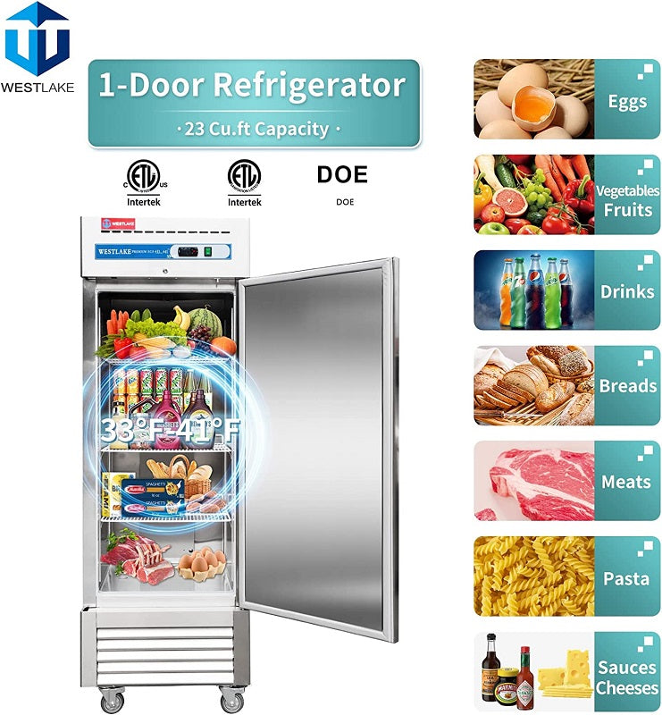 WESTLAKE WKR-23B Reach-In Refrigerator 27" 1-Door 23 Cu.ft Stainless Steel