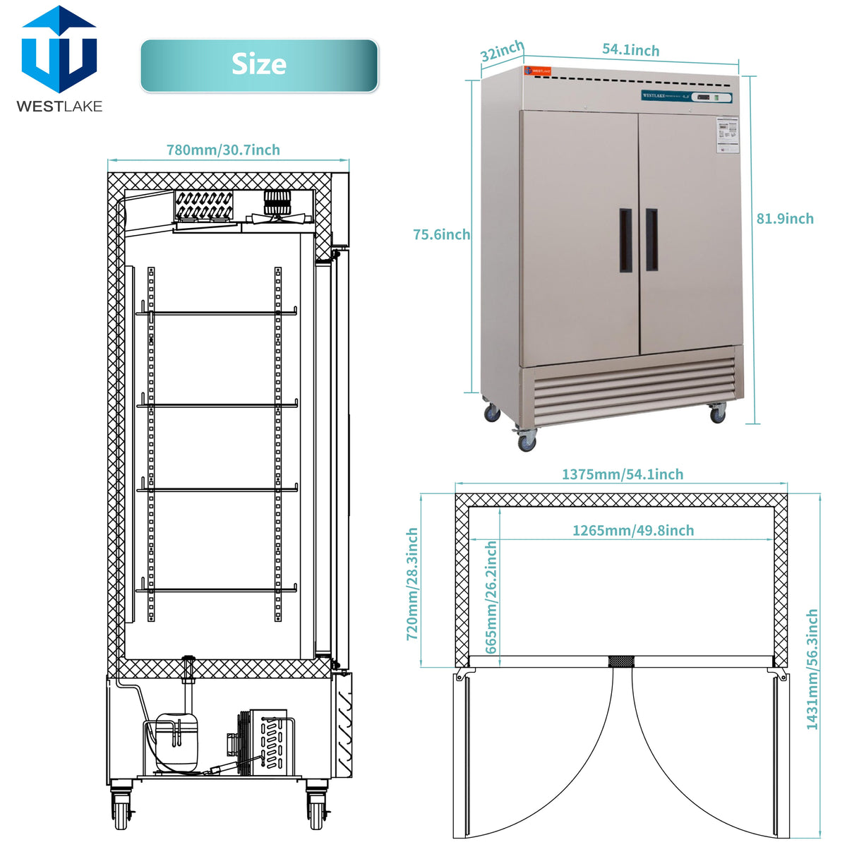 WESTLAKE WKF-49B Reach-In Freezer 54" 2-Door 49 Cu.ft Stainless Steel