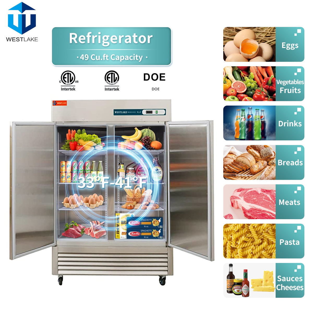 WESTLAKE WKR-49B Reach-In Refrigerator 54" 2-Door 49 Cu.ft Stainless Steel